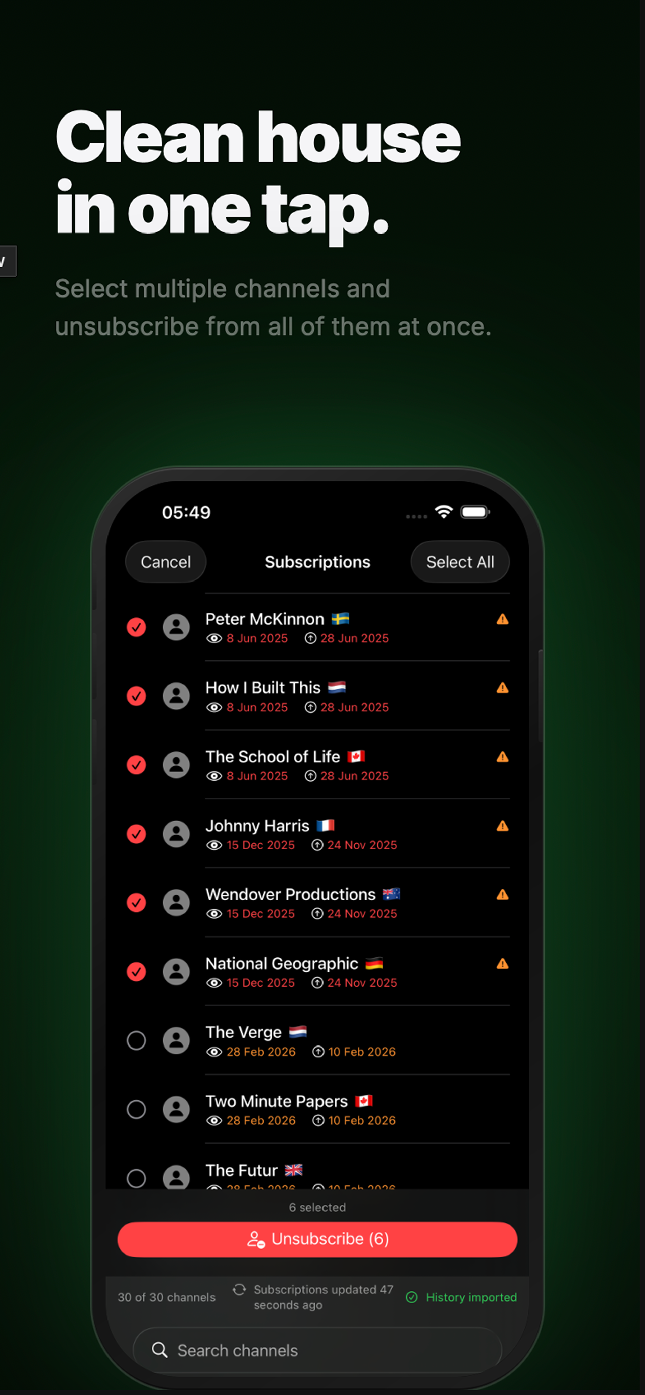 Channora selecting multiple channels to unsubscribe from at once