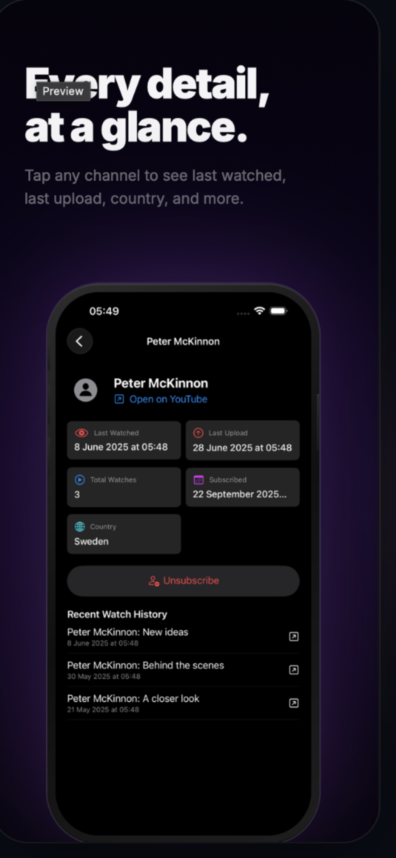 Channora channel details showing viewing, uploads, and subscription data