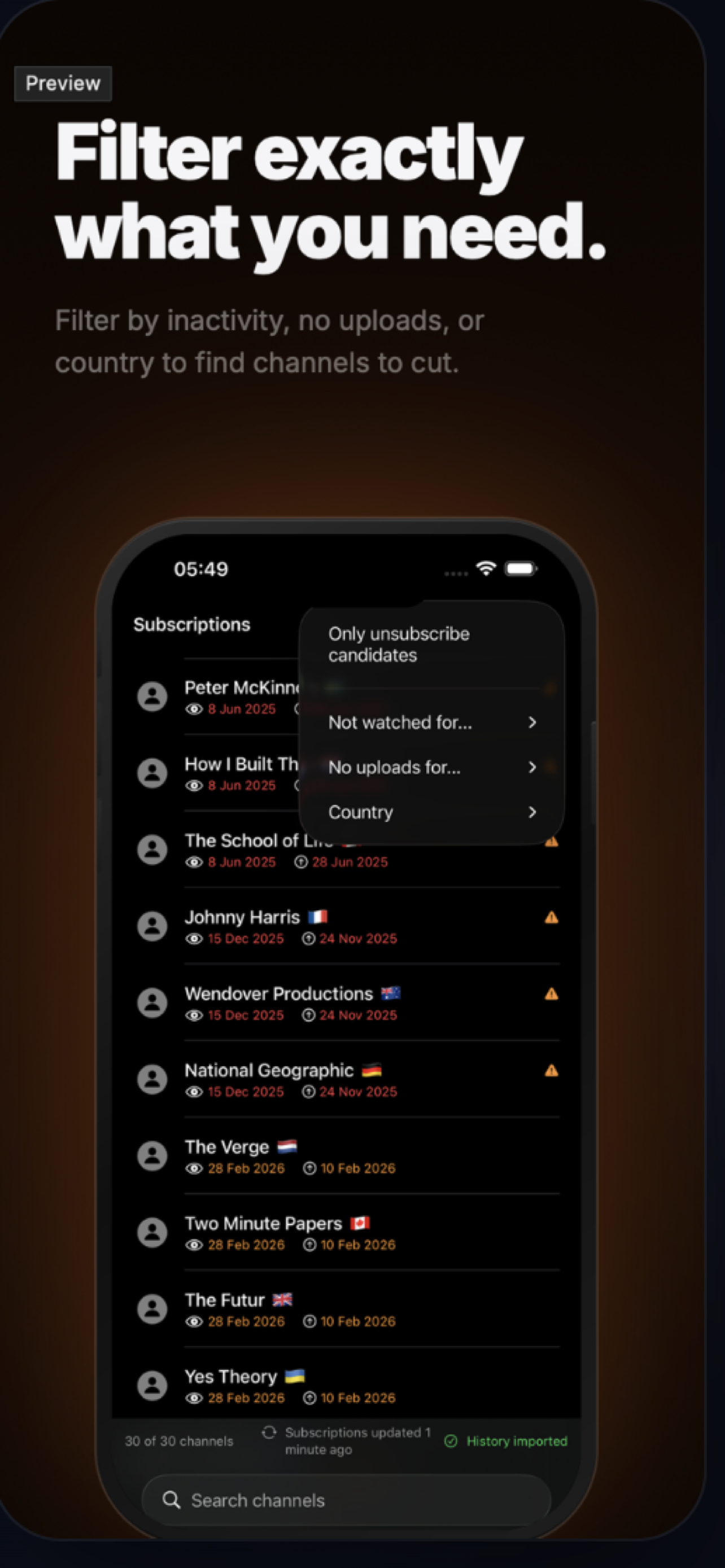 Channora filter menu for inactive channels, uploads, and country