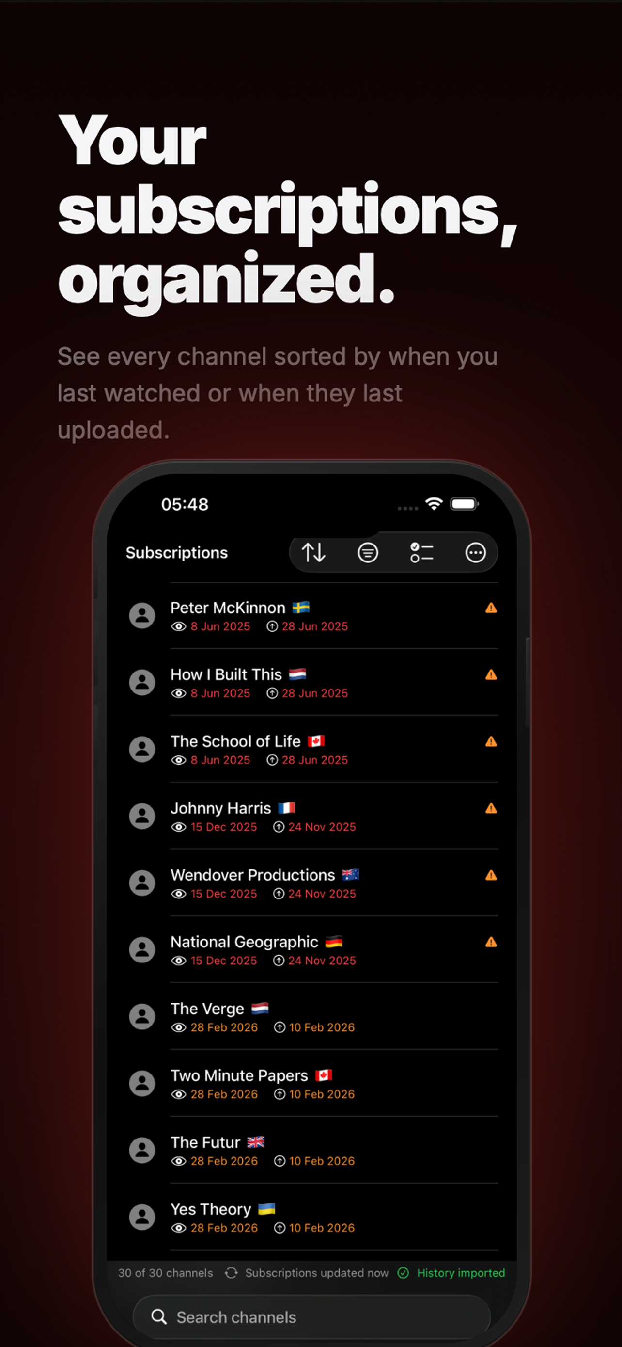 Channora subscription list, organized by last watched and last uploaded